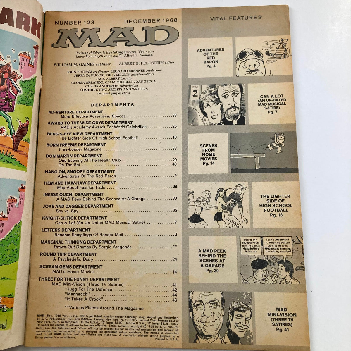 Inside page of Mad Magazine December 1968 No. 123 showcasing the table of contents with sections like Adventures of the Red Baron, featuring playful illustrations and humorous titles.