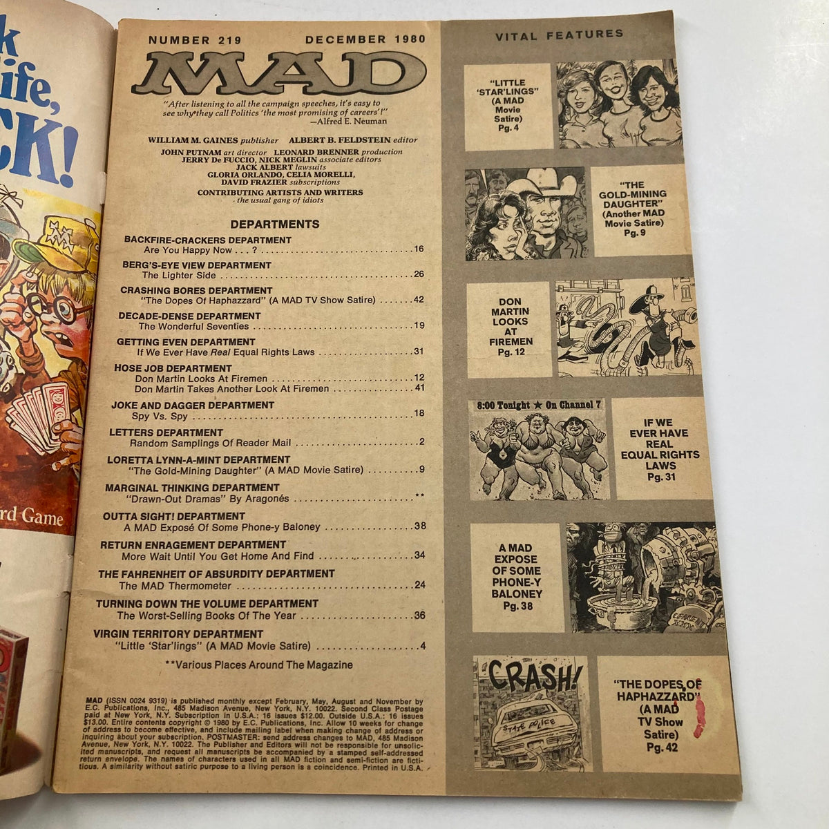 Interior page of Mad Magazine December 1980 No. 219 Little Star'lings showcasing the table of contents with highlights of skits and parodies.