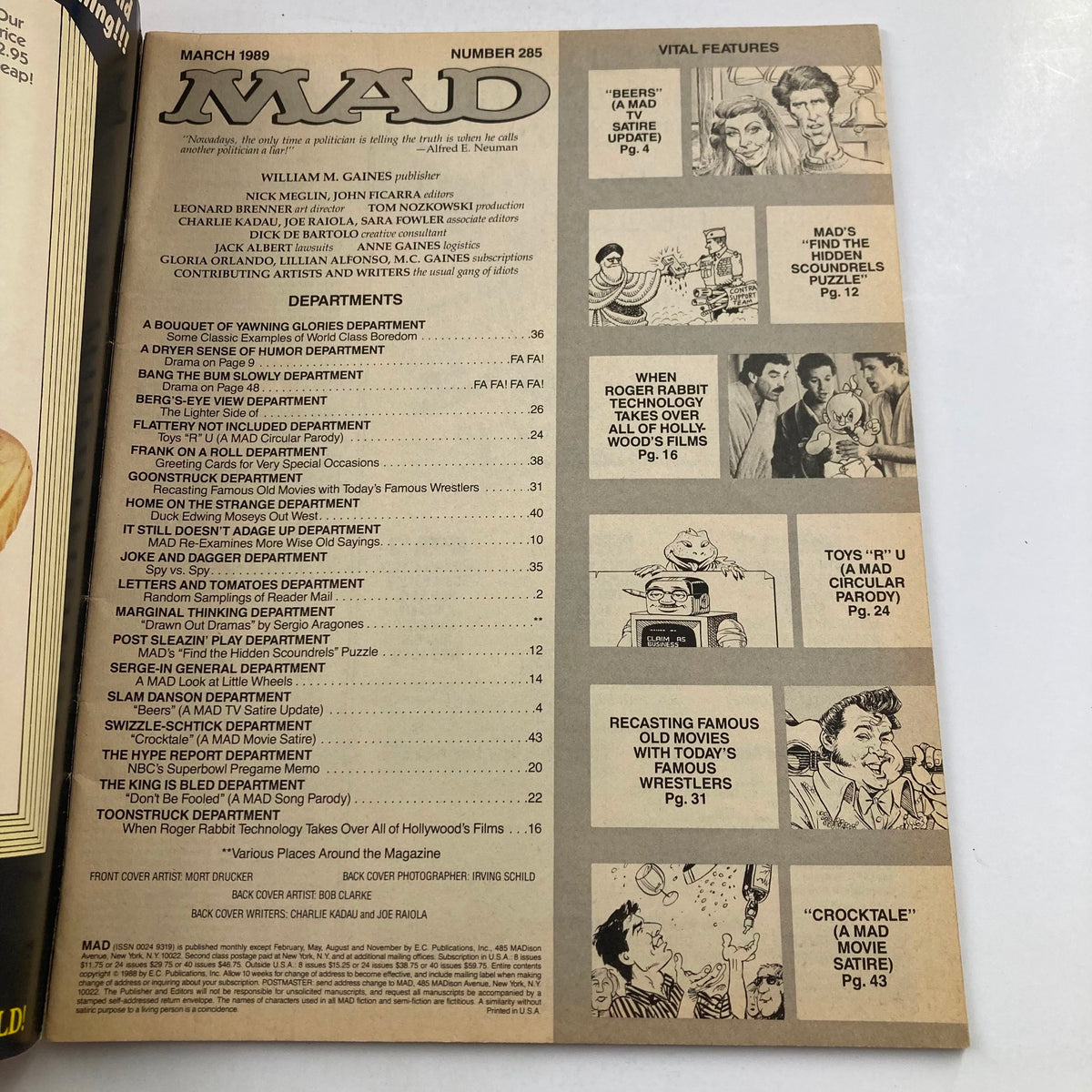 Inside page of Mad Magazine March 1989 No. 285 displaying the table of contents, highlighting vital features and departments of the magazine.