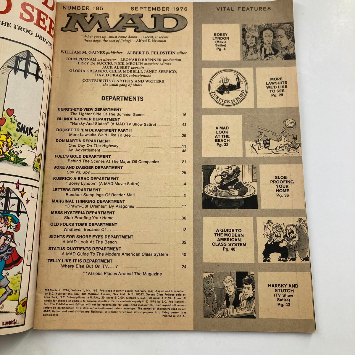 Interior page of Mad Magazine September 1976 No. 185 showing the table of contents and departments, showcasing its wit and cultural commentary.