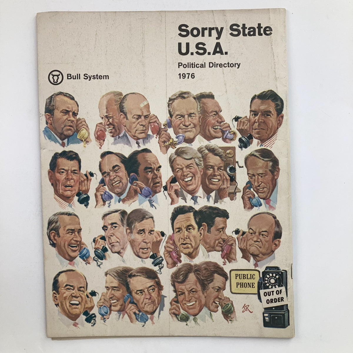 Cover of the political directory titled 'Sorry State U.S.A.' from 1976, featuring caricatures of notable politicians, reflecting the satirical tone of the era.
