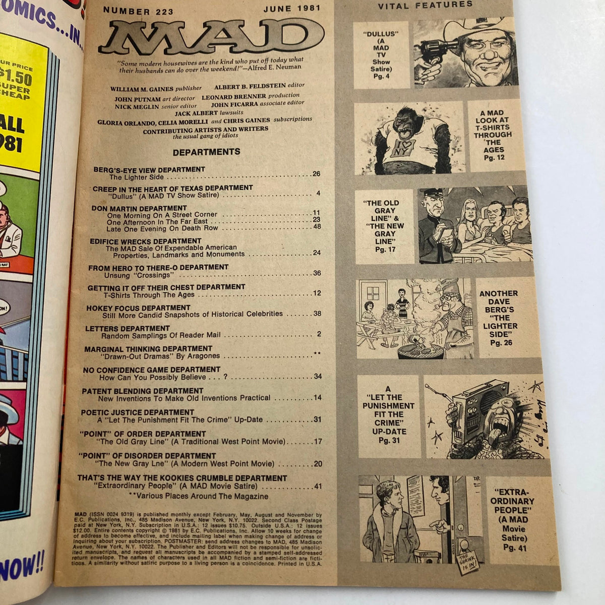 Interior page of Mad Magazine June 1981 No. 223 showcasing the table of contents and various comic sections, reflecting the magazine's parody style and popular cultural references.