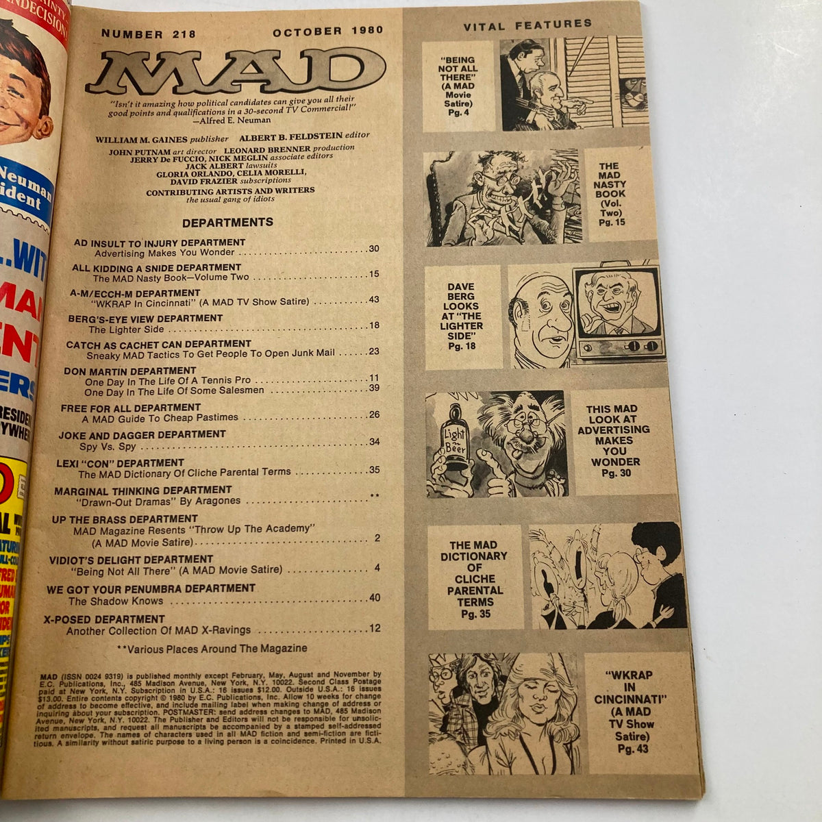 Interior page from Mad Magazine October 1980 No. 218 showcasing the table of contents with various sections like 'Berg's Eye View Department' and 'Joke and Dagger Department'.