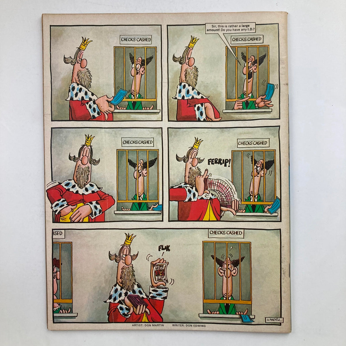 Comic strip from Mad Magazine October 1980 No. 218 illustrated by Don Martin, depicting a humorous bank scene with a king and a teller.
