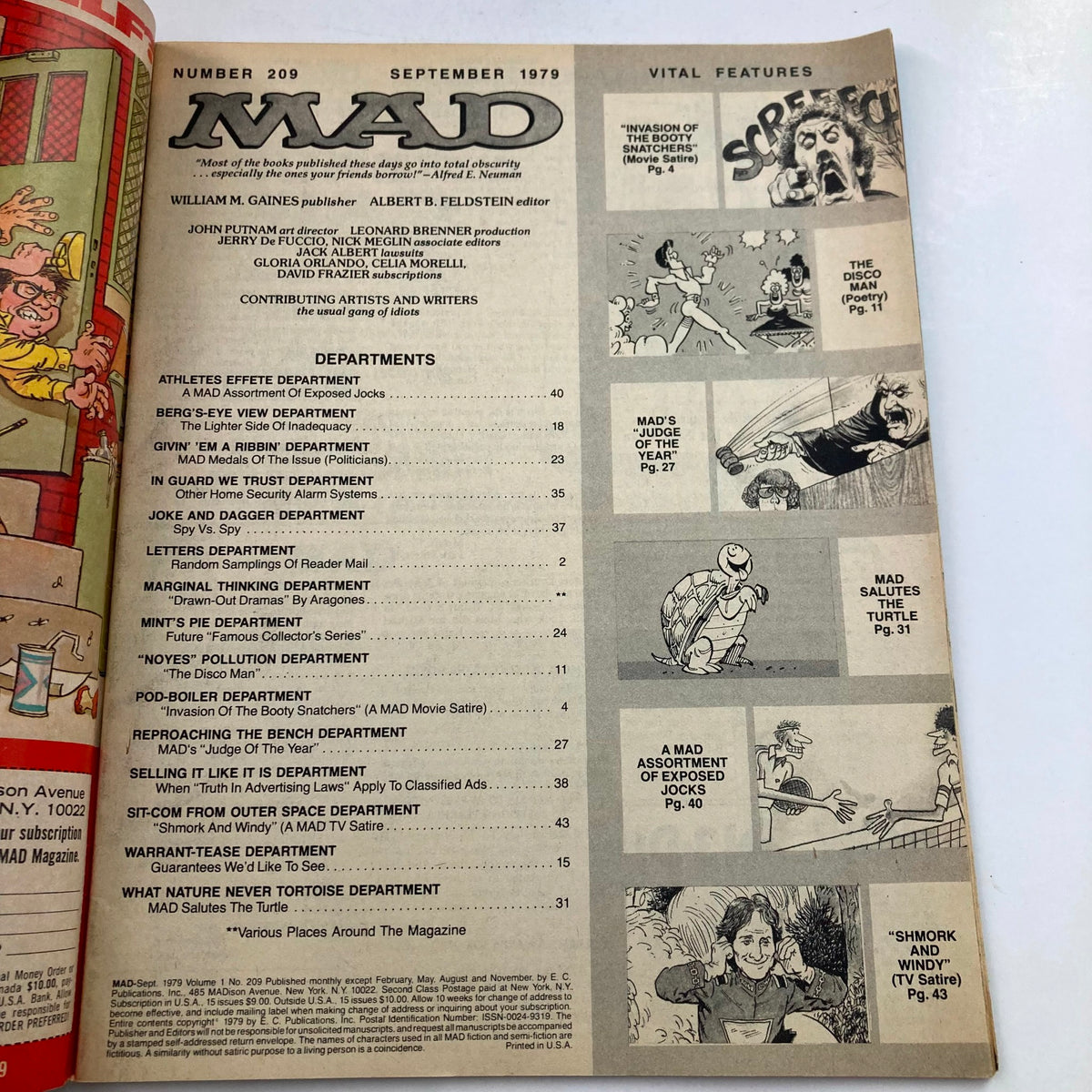 Table of contents from Mad Magazine September 1979 No. 209 showcasing various departments and features like 'Athletes Effete Department' and 'Mad's Judge of the Year.'