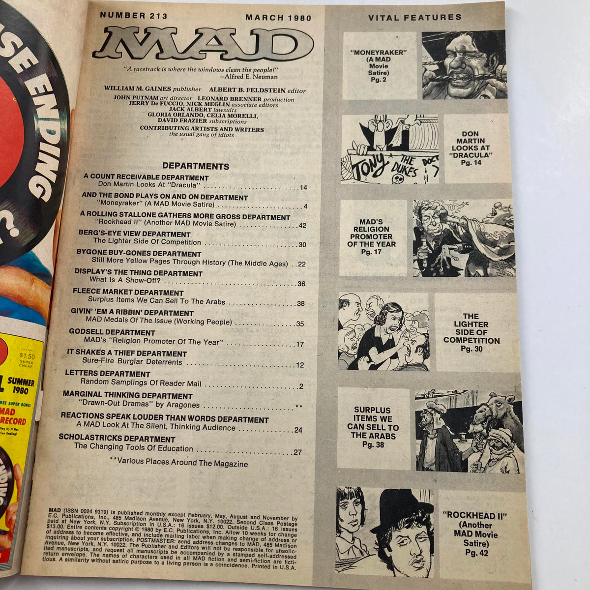 Table of contents from Mad Magazine March 1980 No. 213, featuring sections like 'Moneyraker', 'Rockhead II', and illustrations by Don Martin.