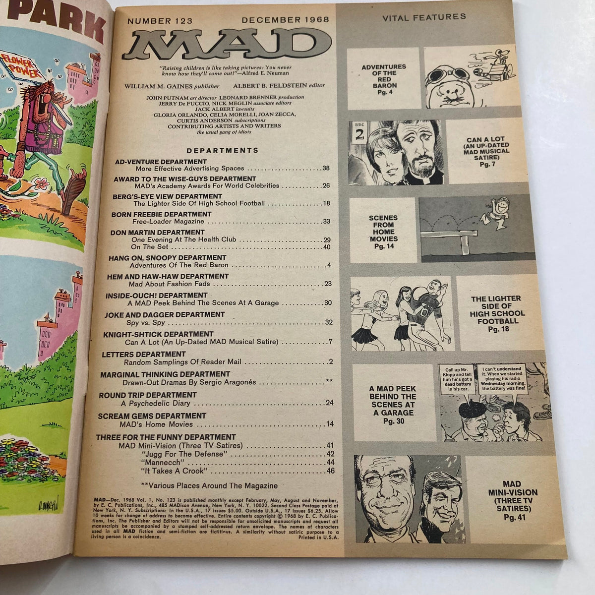Interior page of Mad Magazine December 1968 No. 123 featuring the table of contents and showcasing sections like 'Scenes From Home Movies' and 'The Lighter Side of High School Football.'