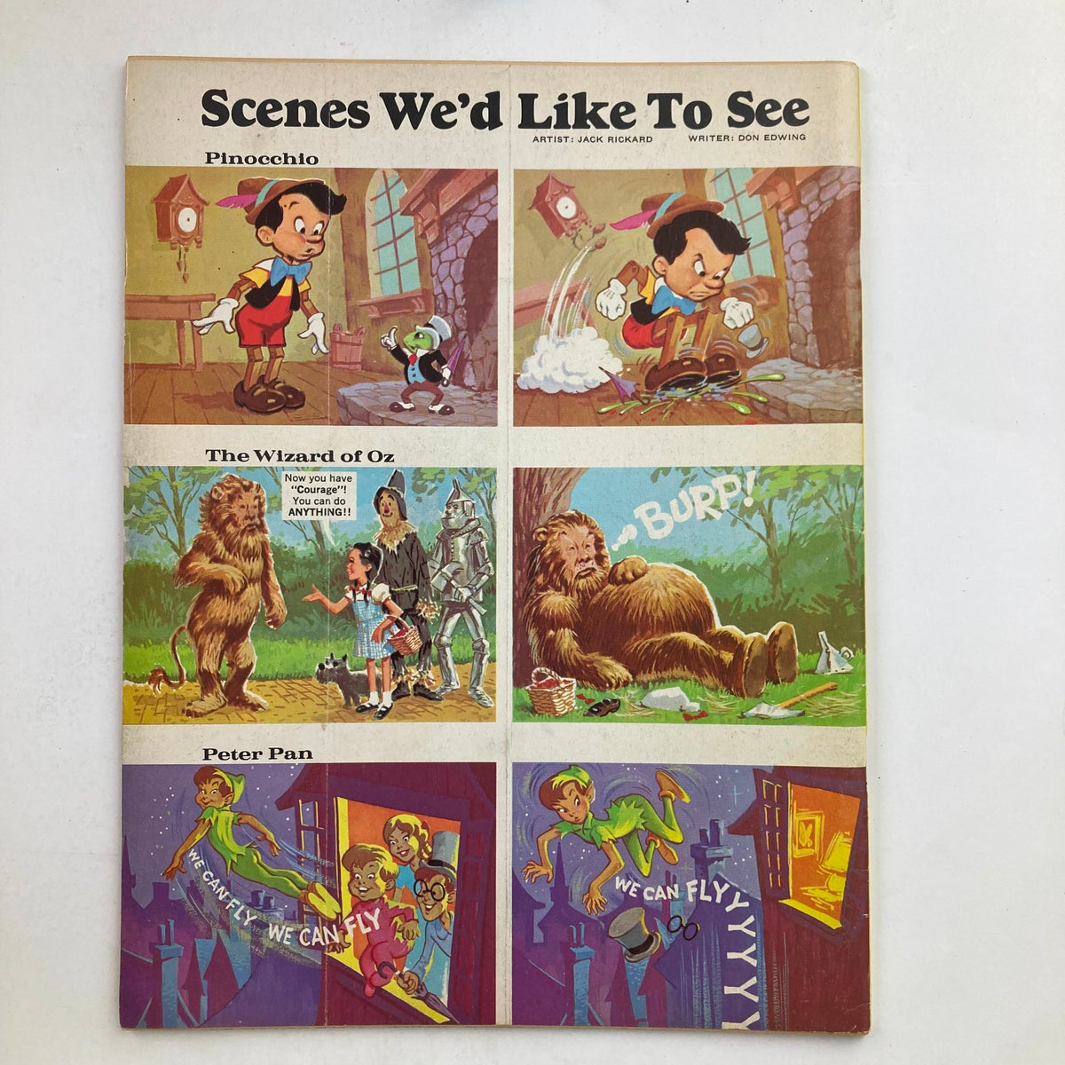 Comic strip titled 'Scenes We’d Like To See' from Mad Magazine December 1968 No. 123, illustrating humorous scenes from classic stories like Pinocchio and The Wizard of Oz.