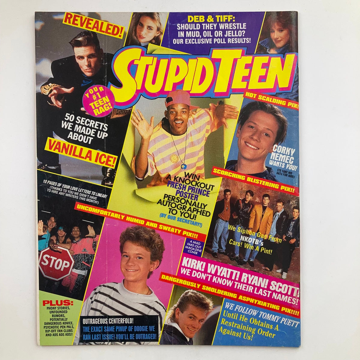 Cover of Stupid Teen magazine featuring various teen pop culture references and celebrities, highlighting the vibrant and playful themes of youth culture in the early '90s.