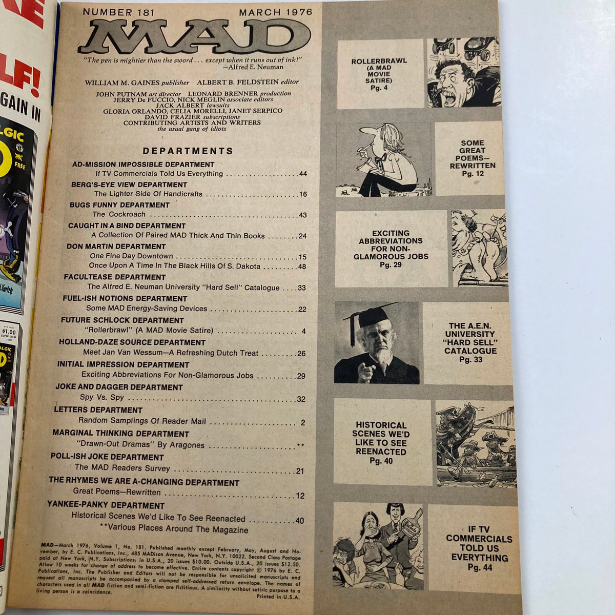 Interior page of Mad Magazine March 1976 No. 181 showcasing the table of contents with various humorous article titles and illustrations.