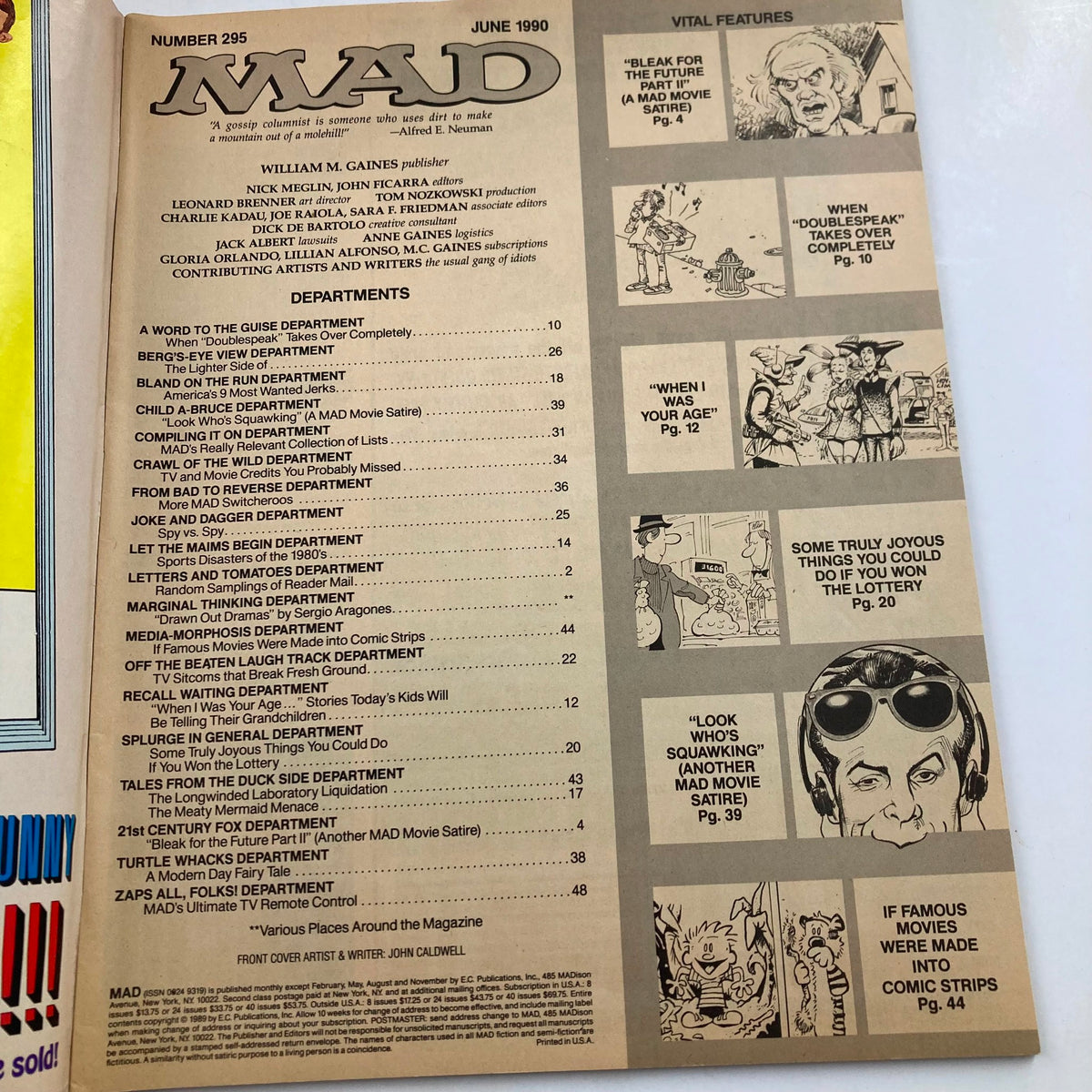 Table of contents from Mad Magazine June 1990 No. 295, highlighting various features and articles in the issue.