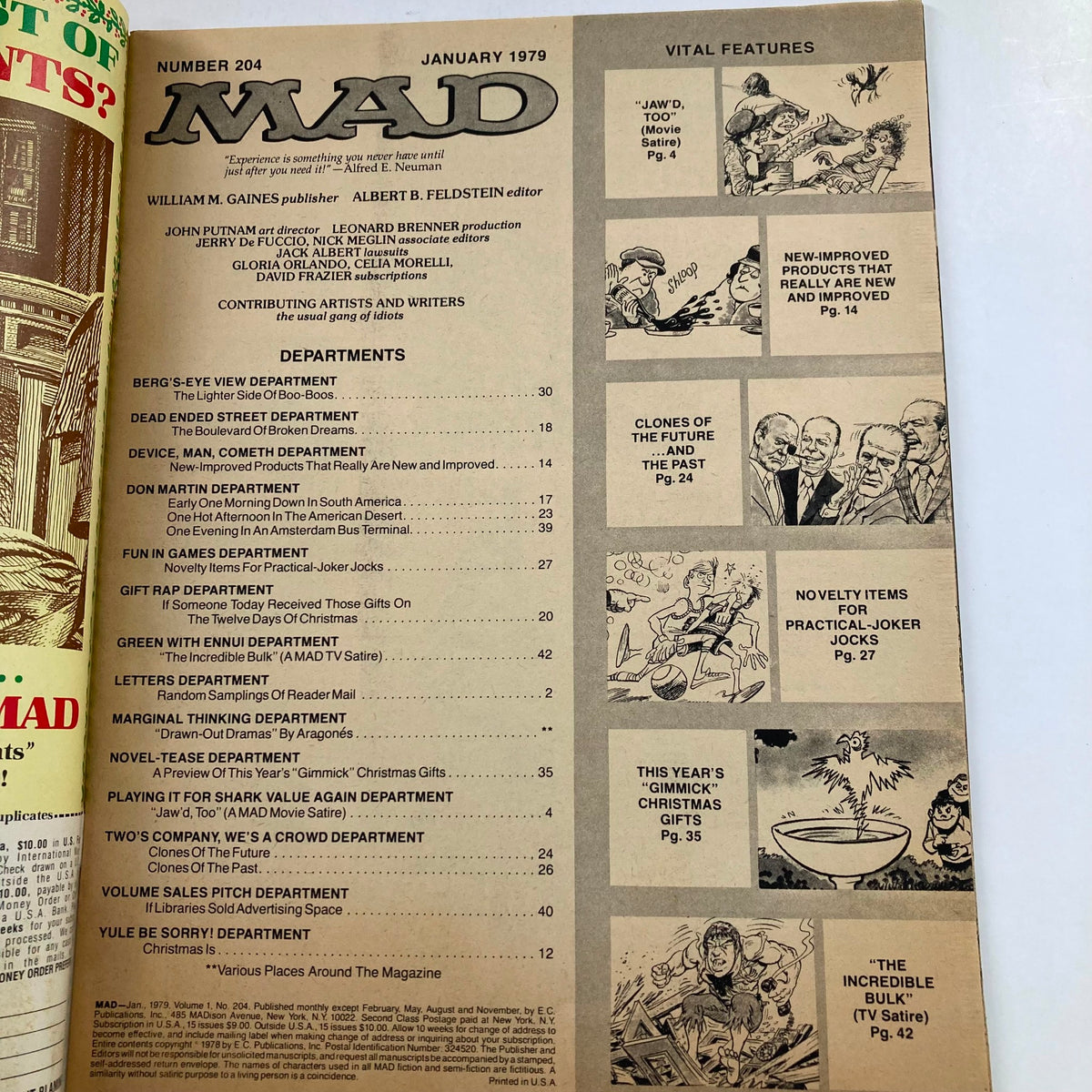 Inside page of Mad Magazine January 1979 No. 204 showcasing the table of contents and various comic strip titles.