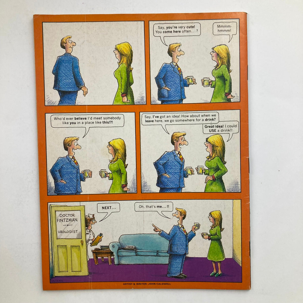 Back cover of Mad Magazine April 1982 No. 230 with a comic strip illustration by John Caldwell, emphasizing the magazine's signature humor and style.