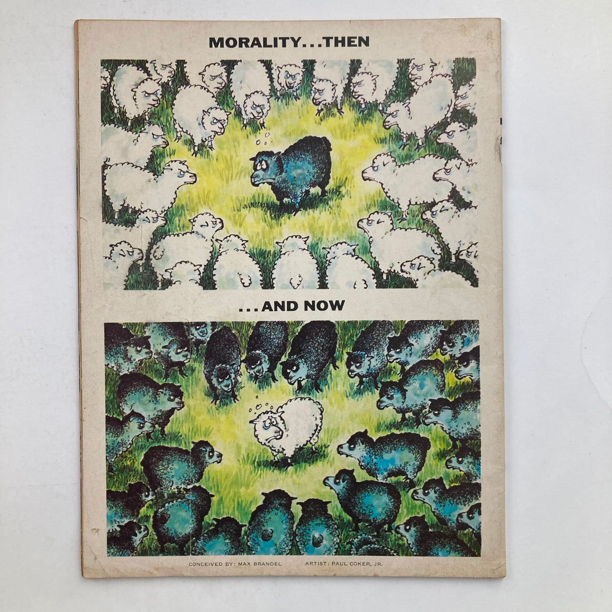 Back cover of Mad Magazine December 1974 No. 171 featuring a satirical illustration titled 'Morality...Then and Now' with contrasting sheep imagery.