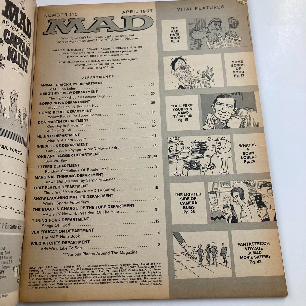 Inside page of Mad Magazine April 1967 No. 110 showcasing the table of contents, listing various departments including 'The Lighter Side of Camera Bugs'.