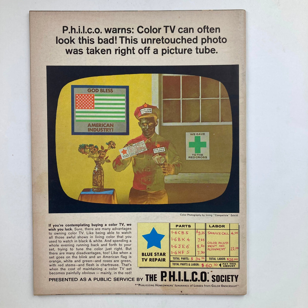 Mad Magazine April 1967 No. 110 features a vintage advertisement warning about color TV issues, showcasing a colorful image with a character holding a TV repair sign, in line with the magazine's humorous take on camera enthusiasts.
