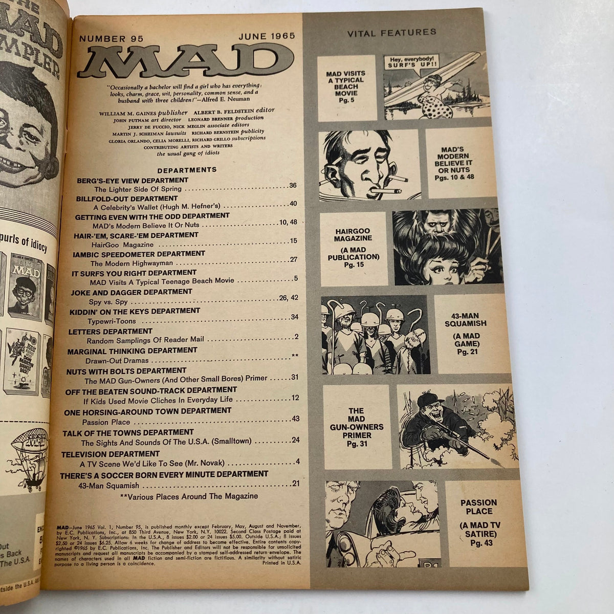 Inside page of Mad Magazine June 1965 No. 95 listing the contents with illustrations and articles, including the "Gun-Owners Primer" feature.