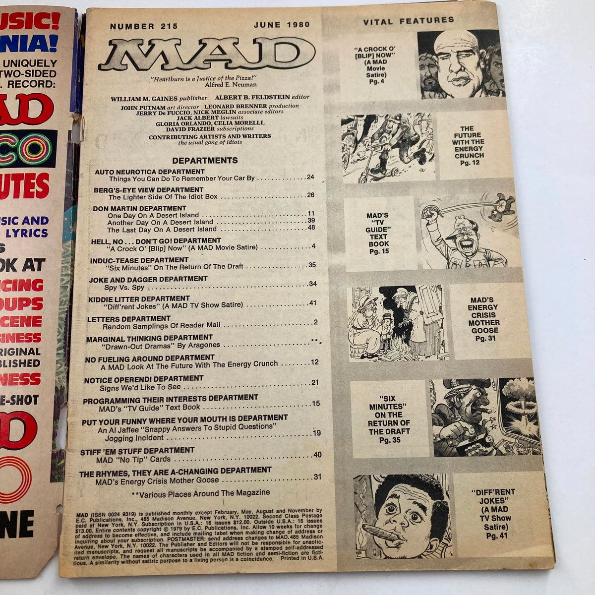 Inside page of Mad Magazine June 1980 No. 215 showing the contents and departments of the magazine, highlighting the issue's features.