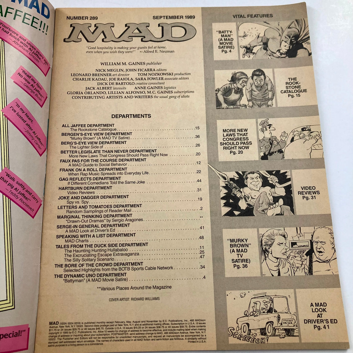 Table of contents for Mad Magazine September 1989 No. 289, illustrating the various sections and articles inside, emphasizing the comedic themes and satire present in this vintage issue.