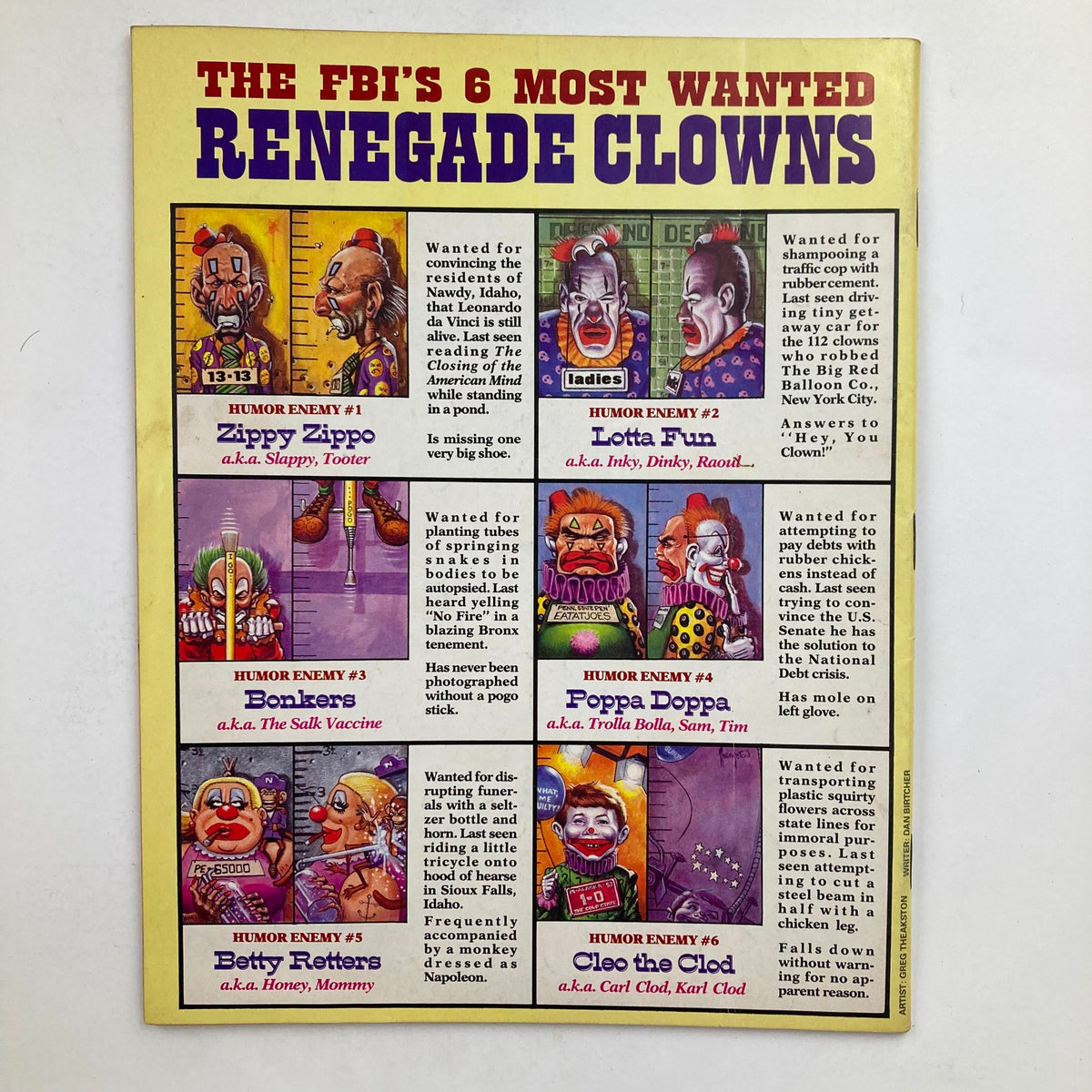 Back cover of Mad Magazine September 1989 No. 289, featuring 'The FBI's 6 Most Wanted Renegade Clowns', highlighting the comedic and satirical essence associated with the magazine.