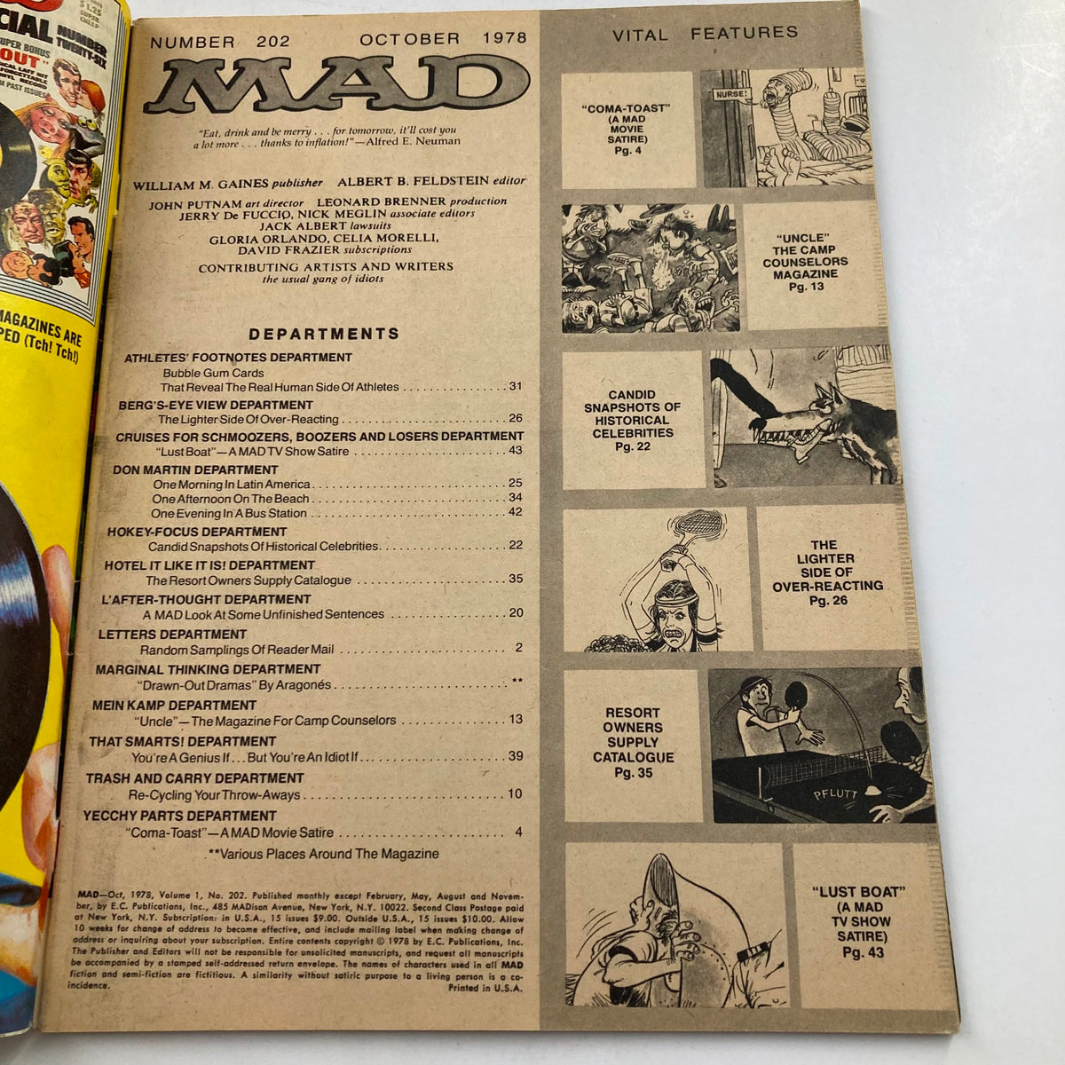 Interior page of Mad Magazine October 1978 No. 202, listing the departments and articles, emphasizing its vintage style and satirical content.