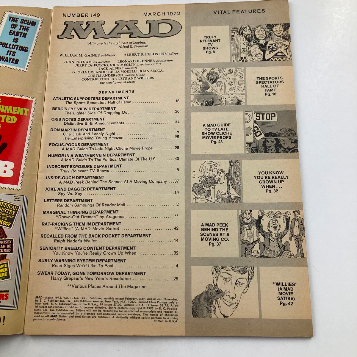 Inside page of Mad Magazine March 1972 No. 149 showing the table of contents with various departments and features, celebrating satirical humor.