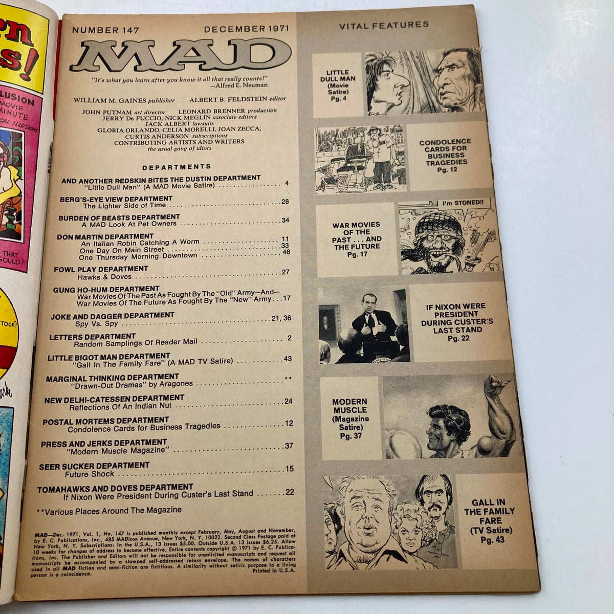 Interior page of Mad Magazine December 1971 No. 147 featuring contents and vital features including 'Little Dull Man.' Essential collectible vintage comic.