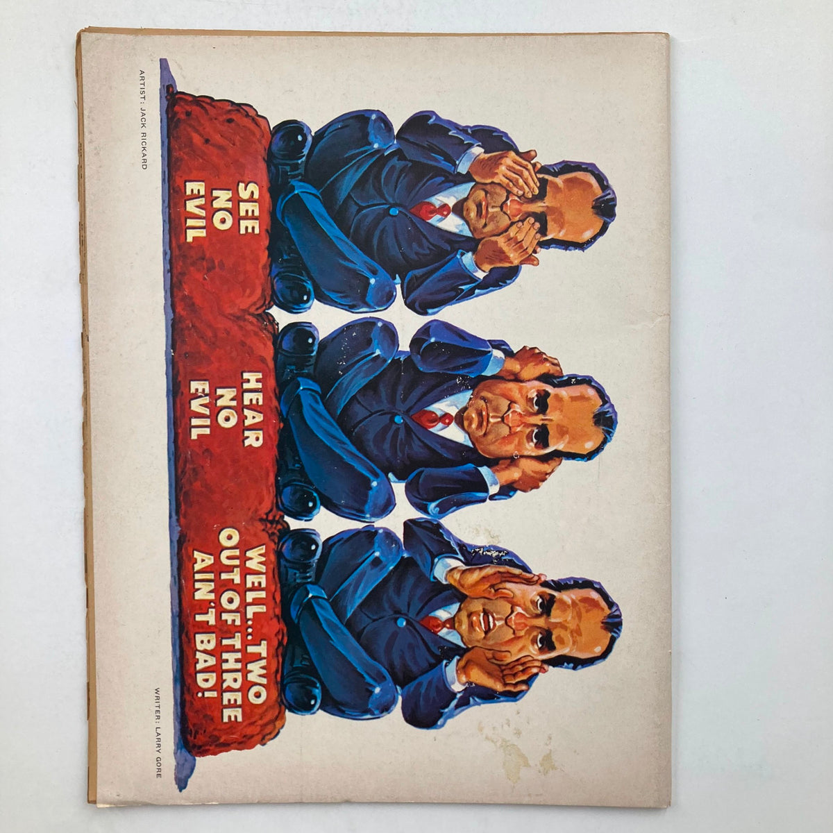 Back cover of Mad Magazine December 1971 No. 147 depicting a humorous illustration of Richard Nixon with the phrase 'See no evil, hear no evil.' Iconic satire from this vintage issue.