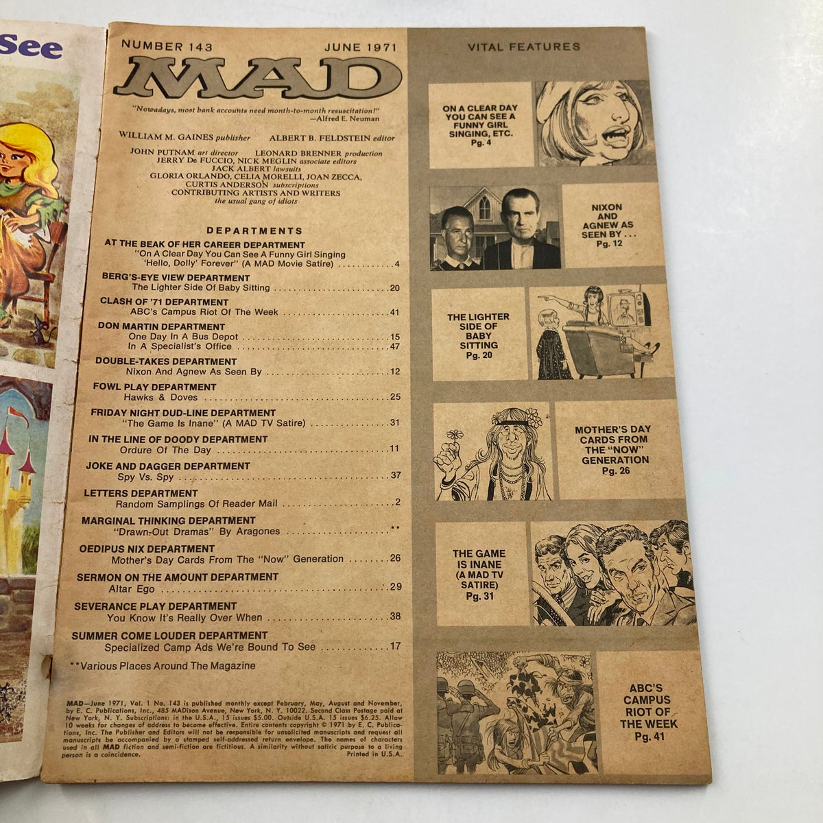 Interior page of Mad Magazine June 1971 No. 143, displaying the table of contents and various comedic sections reflecting the magazine's humor and cultural commentary.