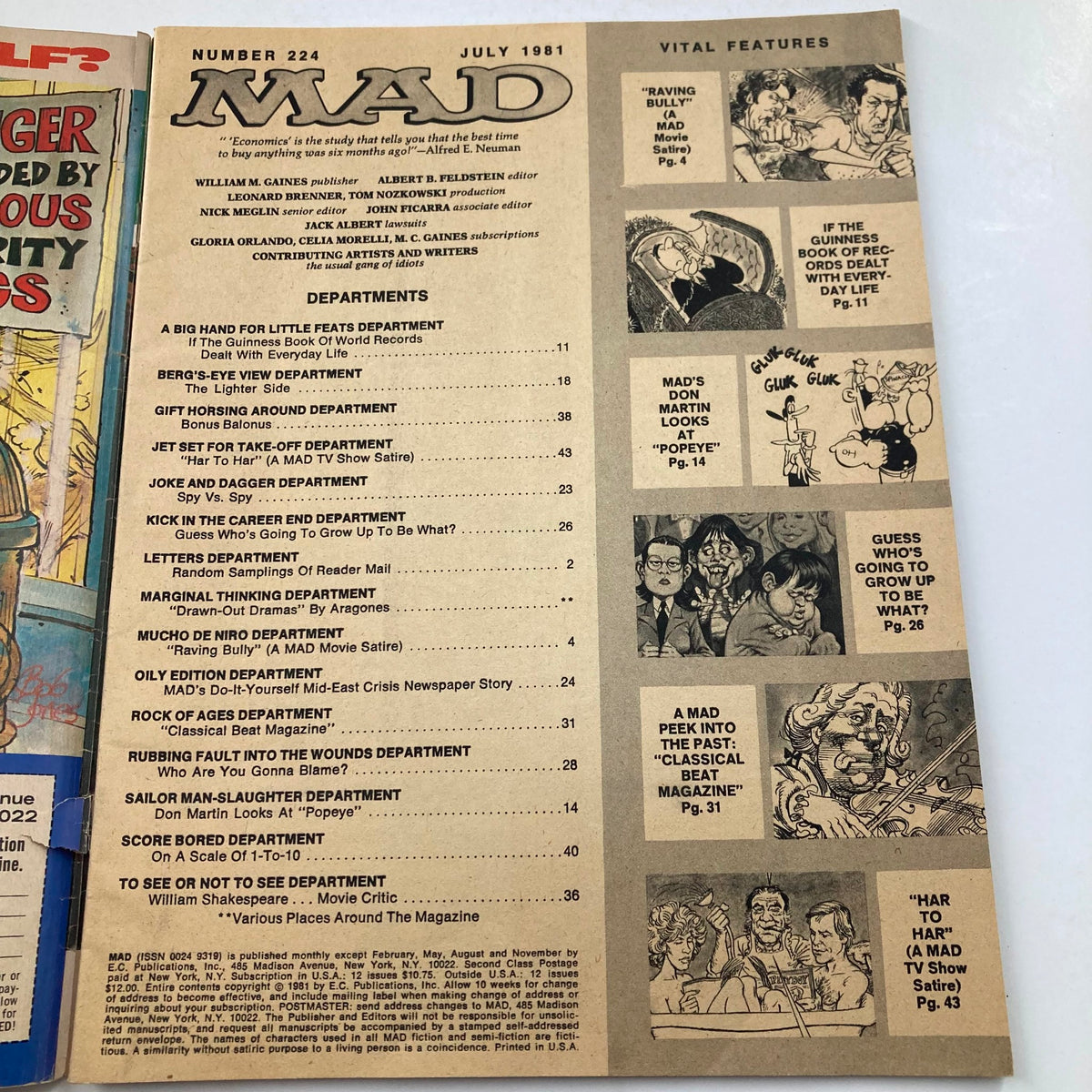 Table of contents for Mad Magazine July 1981 No. 224, showcasing various comedic sections, including 'Mad's Don Martin Looks at Popeye,' reflecting the satirical style of this beloved vintage publication.
