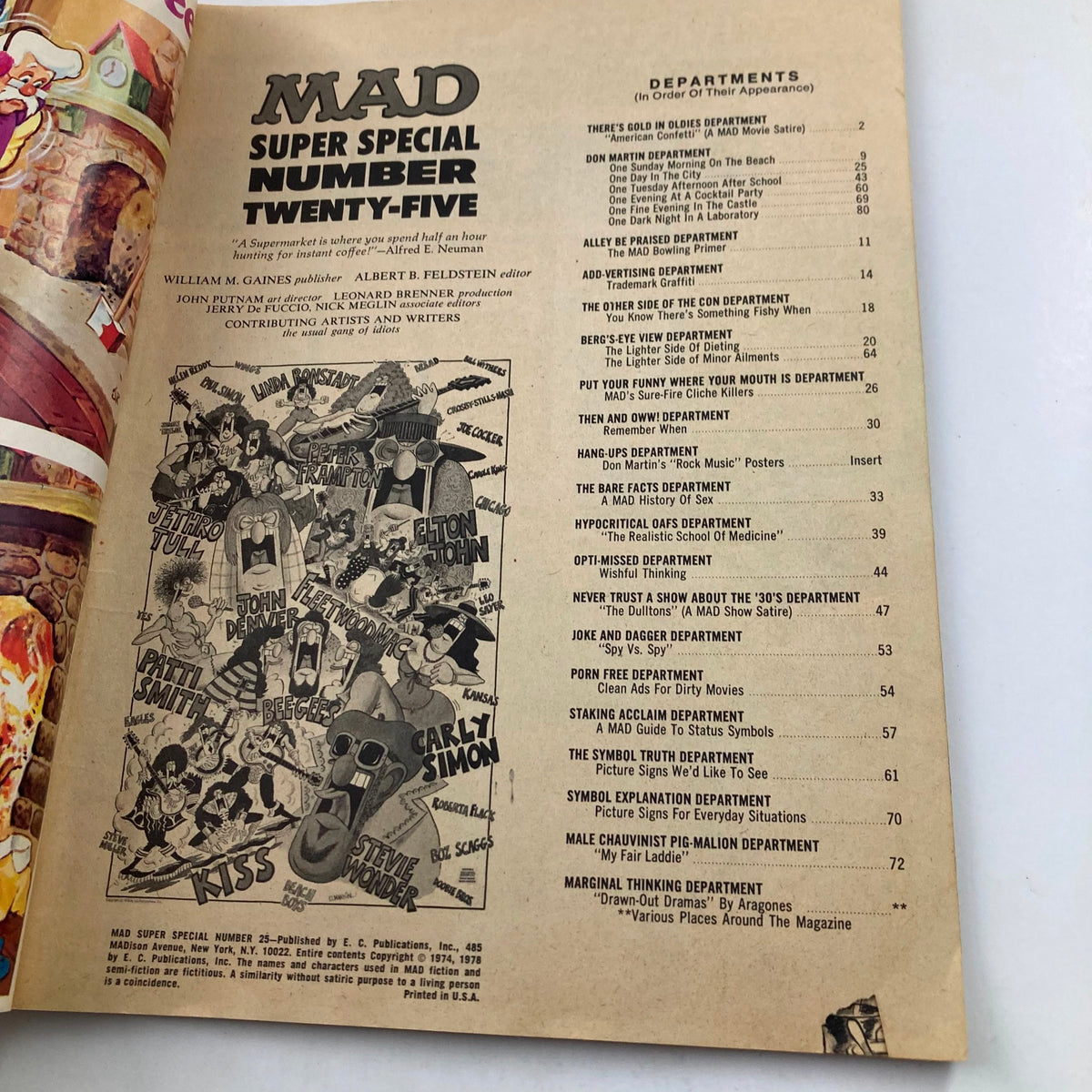 Interior page of Mad Super Special Magazine 1978 No. 25 showing the contents and illustrations related to rock music.