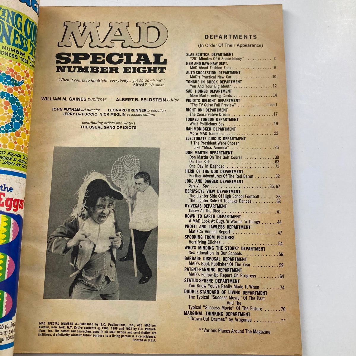 Inside page of Mad Special Magazine 1972 No. 8 showcasing the publication's editorial staff and department list, highlighting the magazine's unique format and content.
