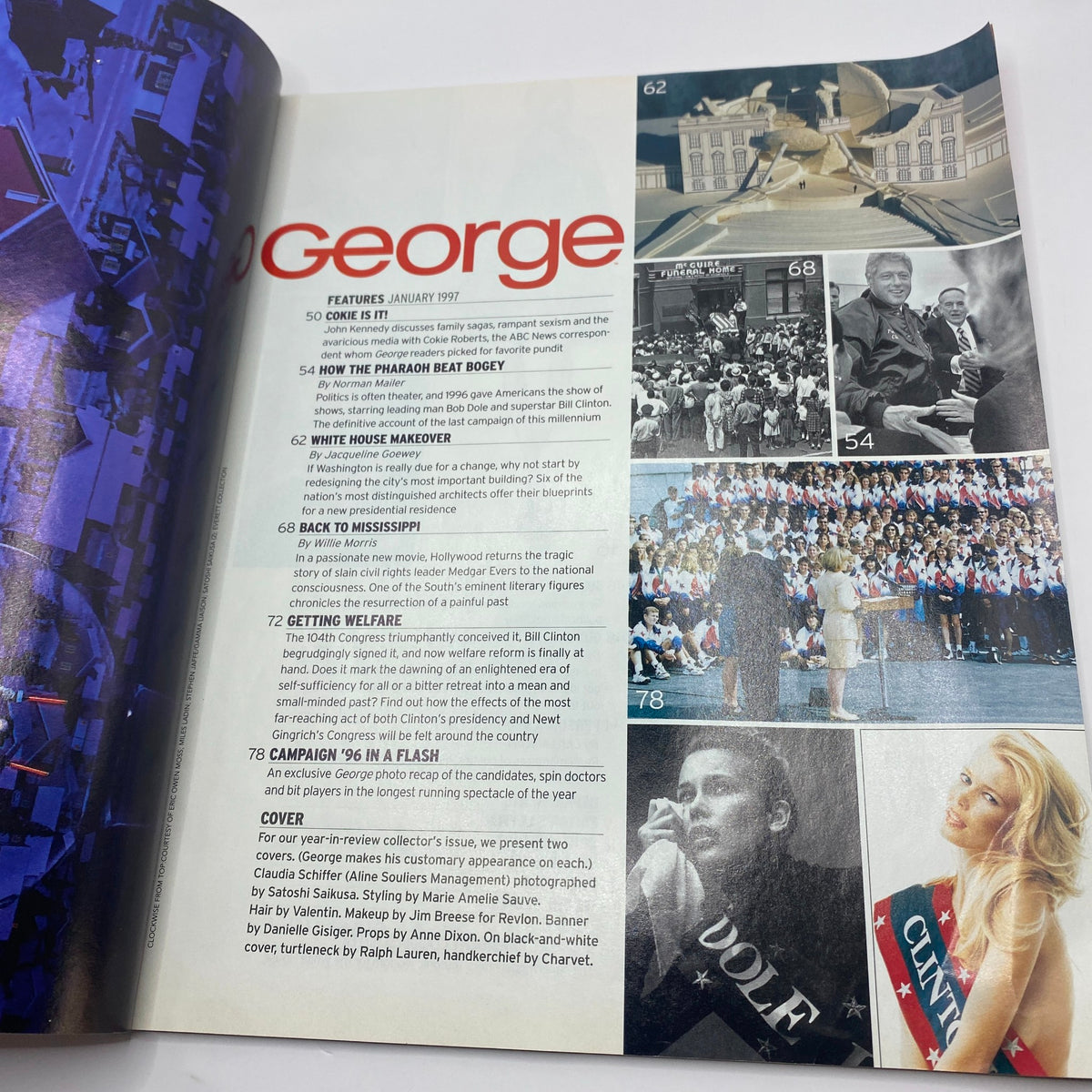 Inside page of George Magazine January 1997 displaying content features including political articles and images related to the Clinton era.
