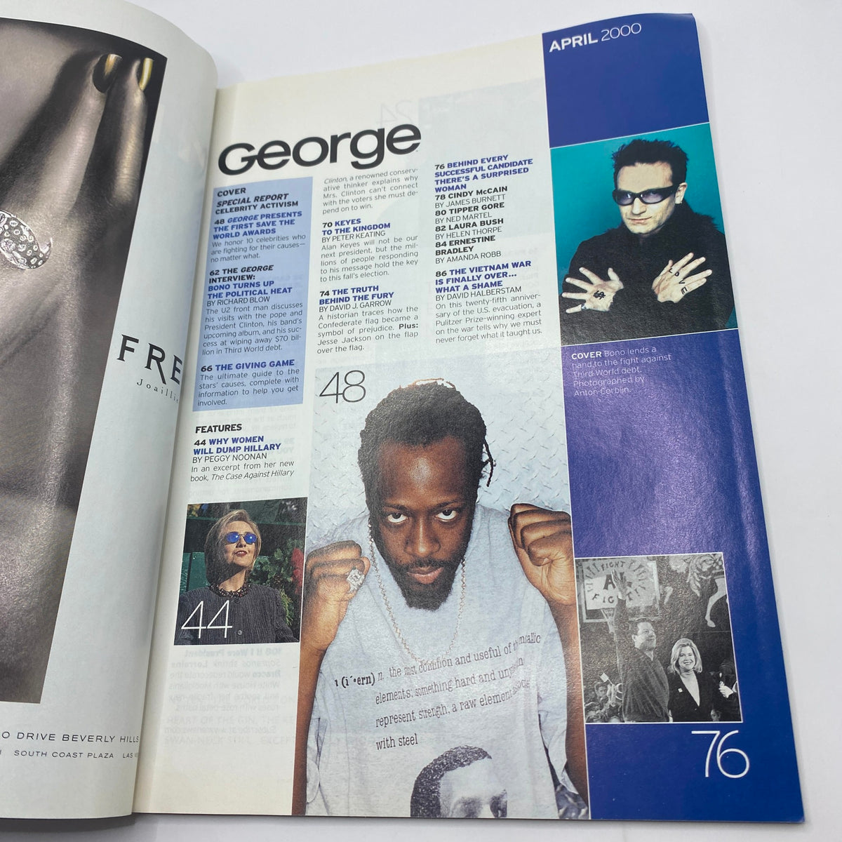 Inside page of George Magazine April 2000 featuring a layout with Bono alongside notable celebrities and content highlights, capturing the essence of pop culture during the early 2000s.