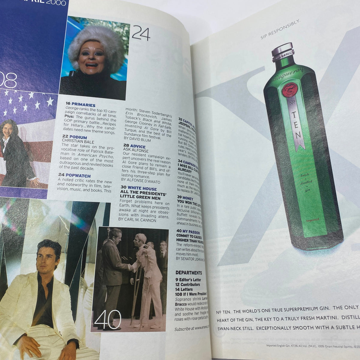 Another page from George Magazine April 2000 showcasing celebrity features, including a photo of Barbra Streisand and content related to political and social themes, reflecting the magazine's unique blend of entertainment and activism.