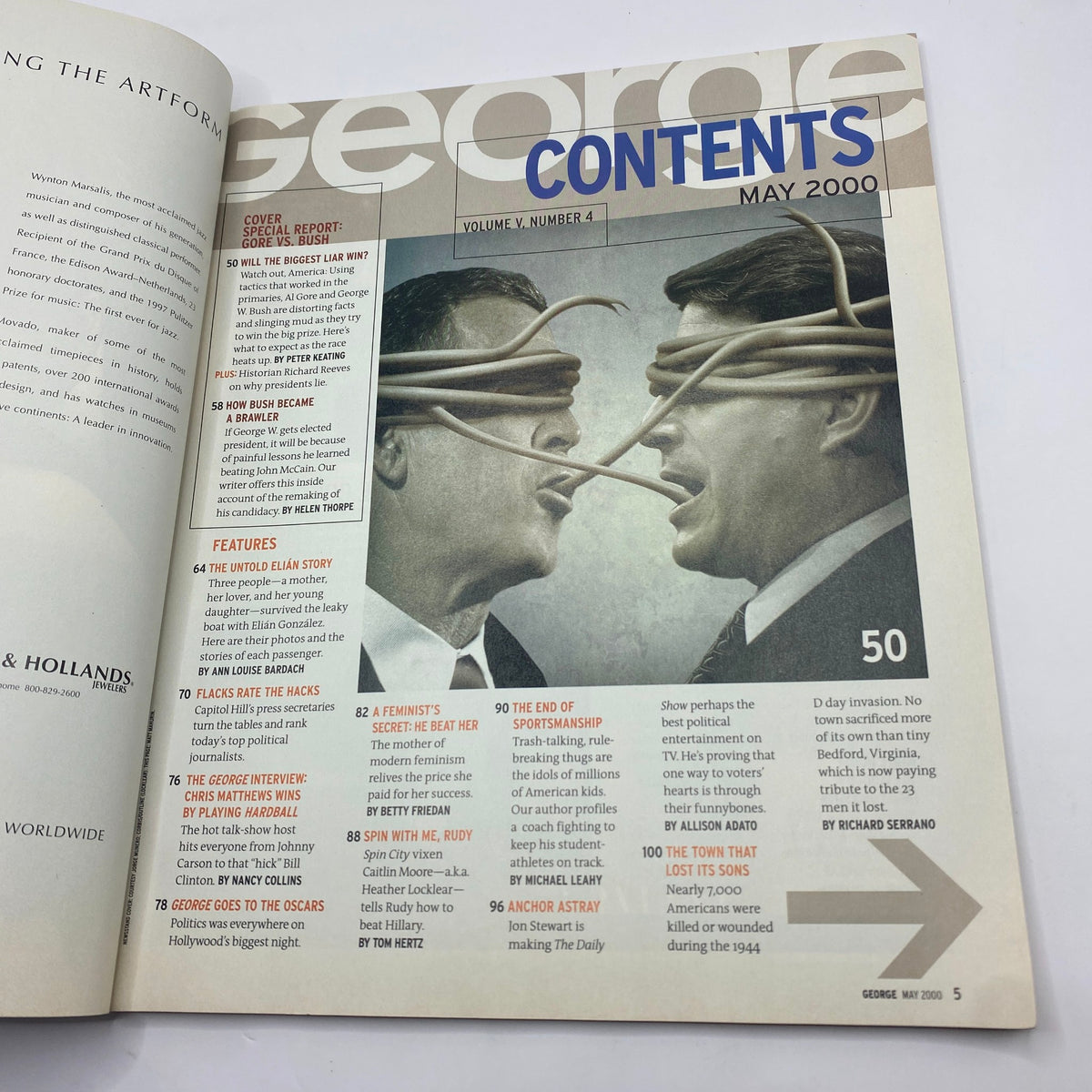 Contents page of George Magazine May 2000, showcasing articles related to the political landscape of the time, including features on Al Gore and George W. Bush. This page highlights significant themes in the issue, providing insight into the 2000 U.S. Presidential election.