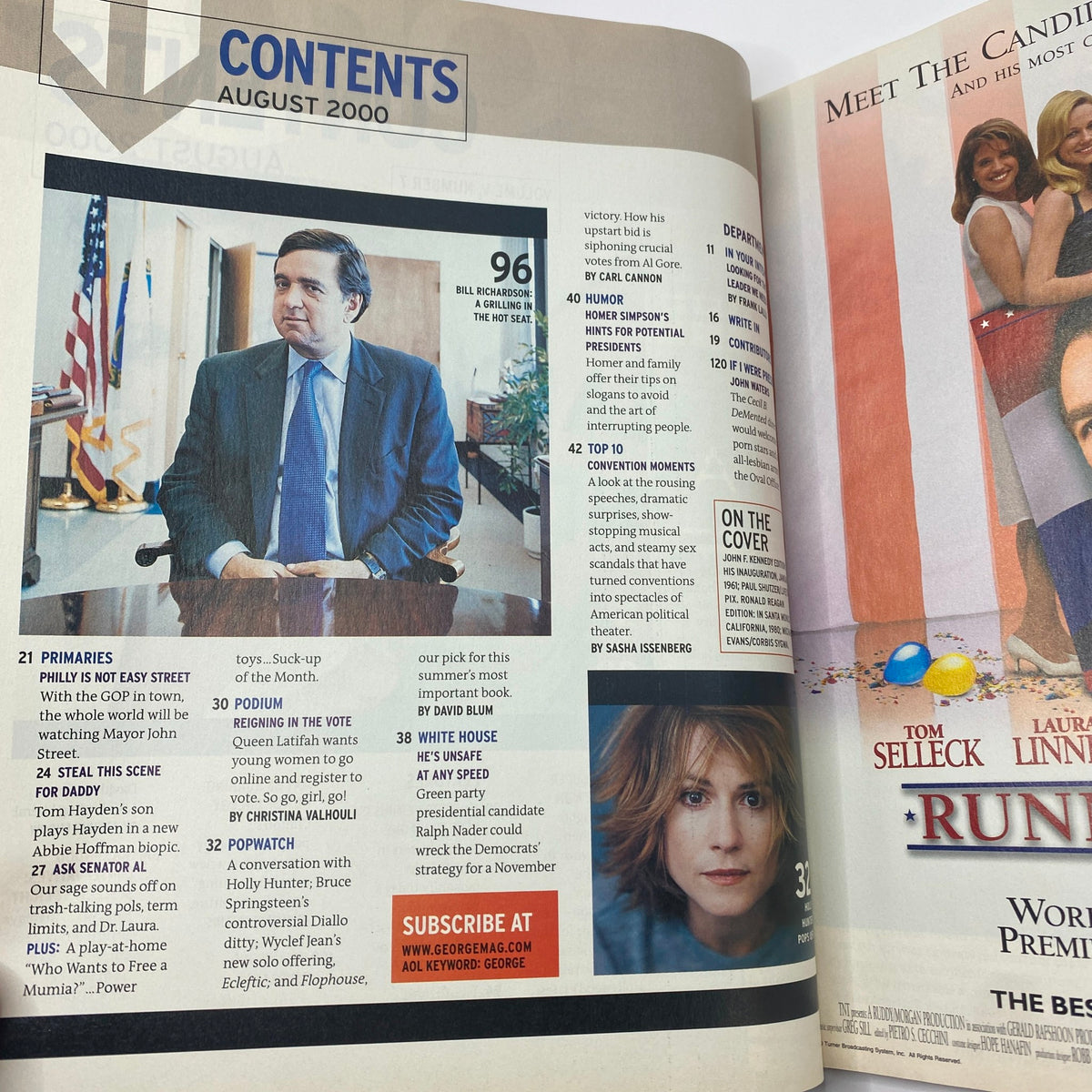 Contents page from George Magazine August 2000 edition highlighting political features and interviews, associated with 'George Magazine August 2000 John F. Kennedy and Jackie Kennedy Cover VG'.