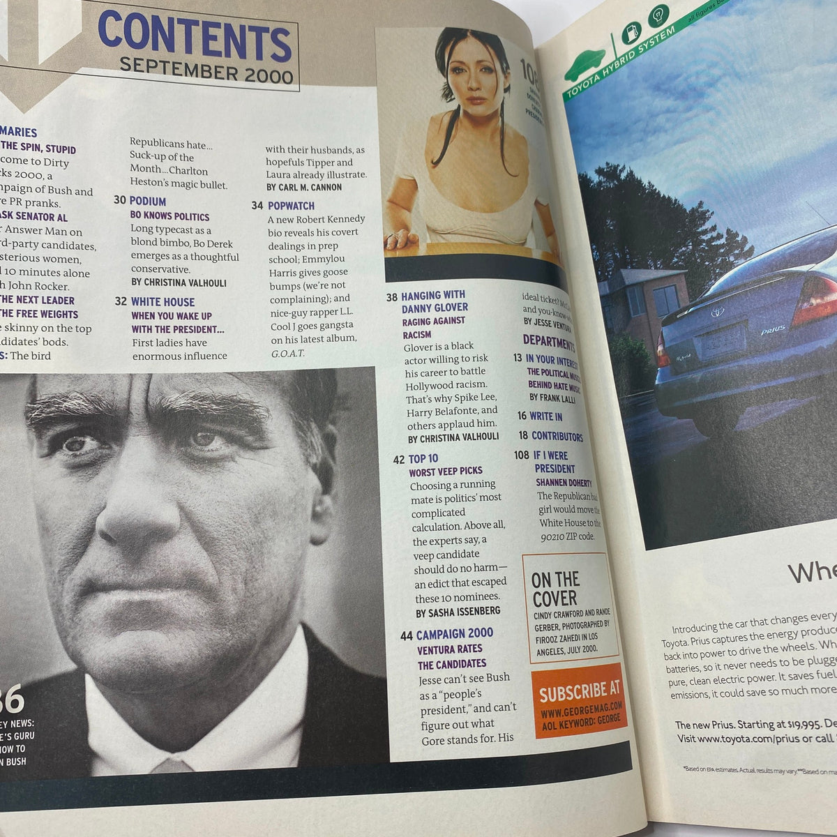 Another contents page from George Magazine September 2000, showcasing articles and highlights including Cindy Crawford and Rande Gerber.