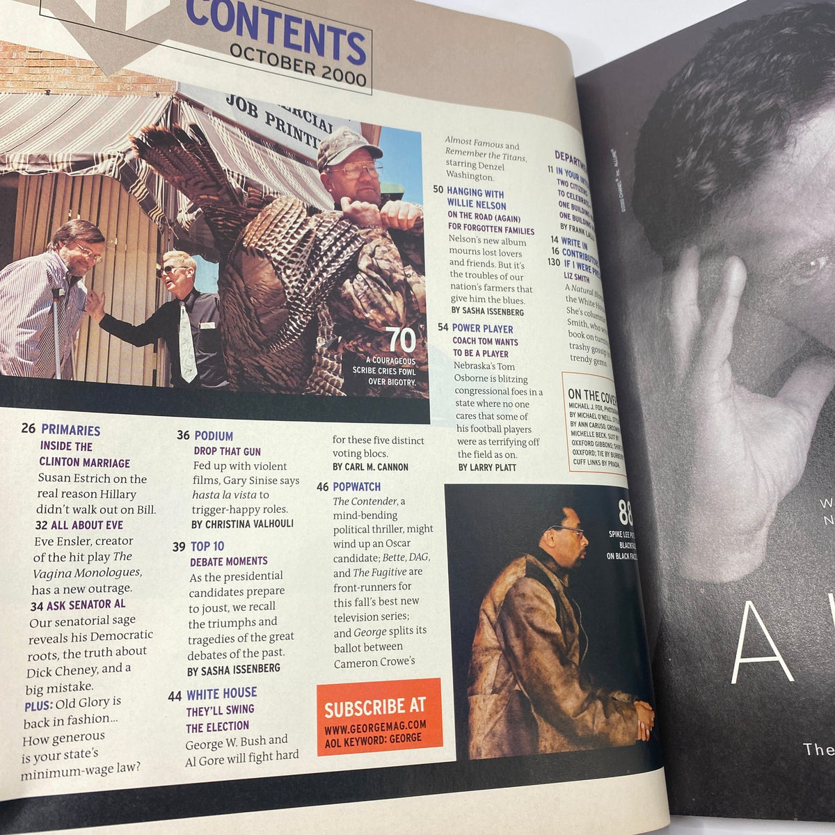 Contents page of George Magazine October 2000 Vol 5 No. 9 highlighting various sections including interviews and political insights, featuring Michael J. Fox's cover story.