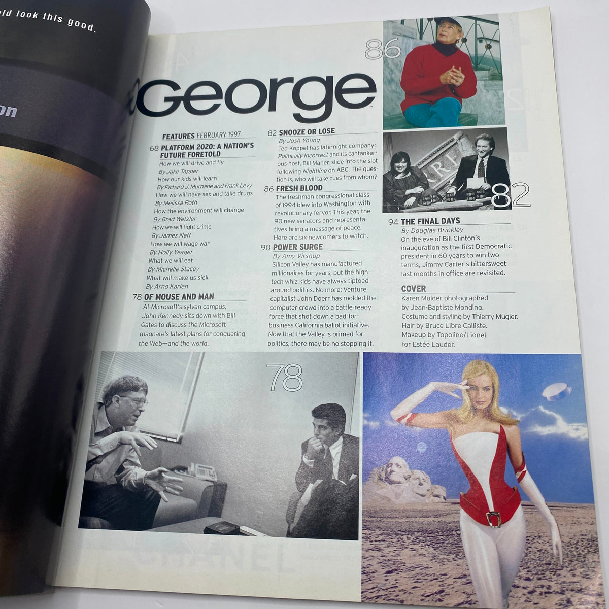 George Magazine February 1997 features highlights including articles by Bill Gates and Bill Maher, alongside the beautiful supermodel Karen Mulder on the cover, showcasing the magazine's blend of glamour and political insight.