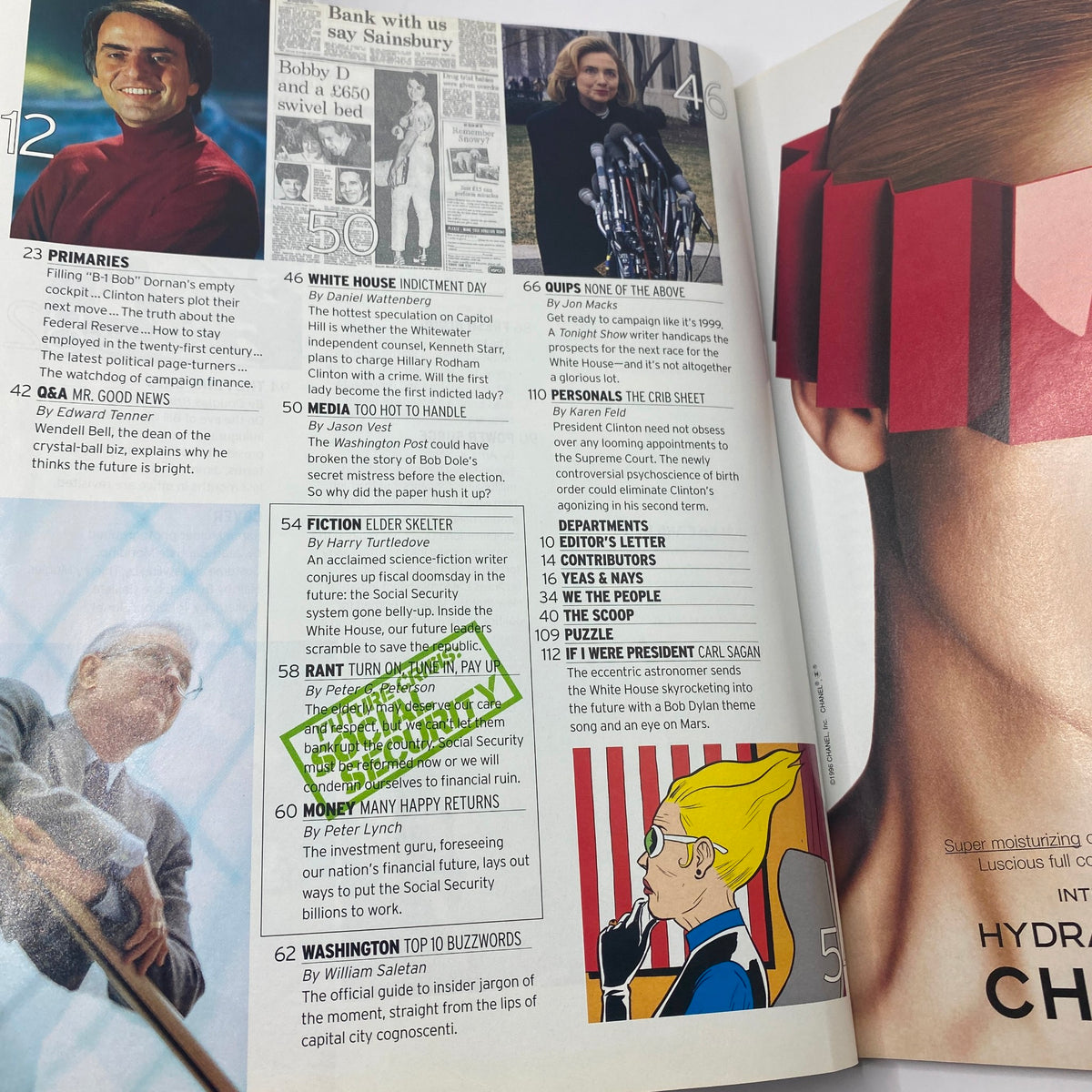Content page from George Magazine February 1997 featuring articles about politics and pop culture including notable figures like Bill Clinton and Carl Sagan.