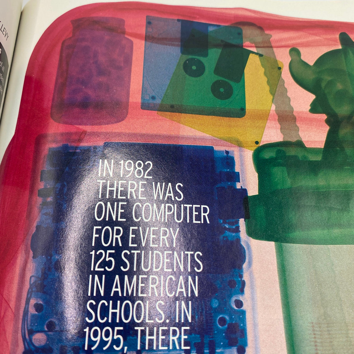 A colorful graphic from George Magazine February 1997 depicting statistics about computer access in American schools with text highlighting the changes from 1982 to 1995.