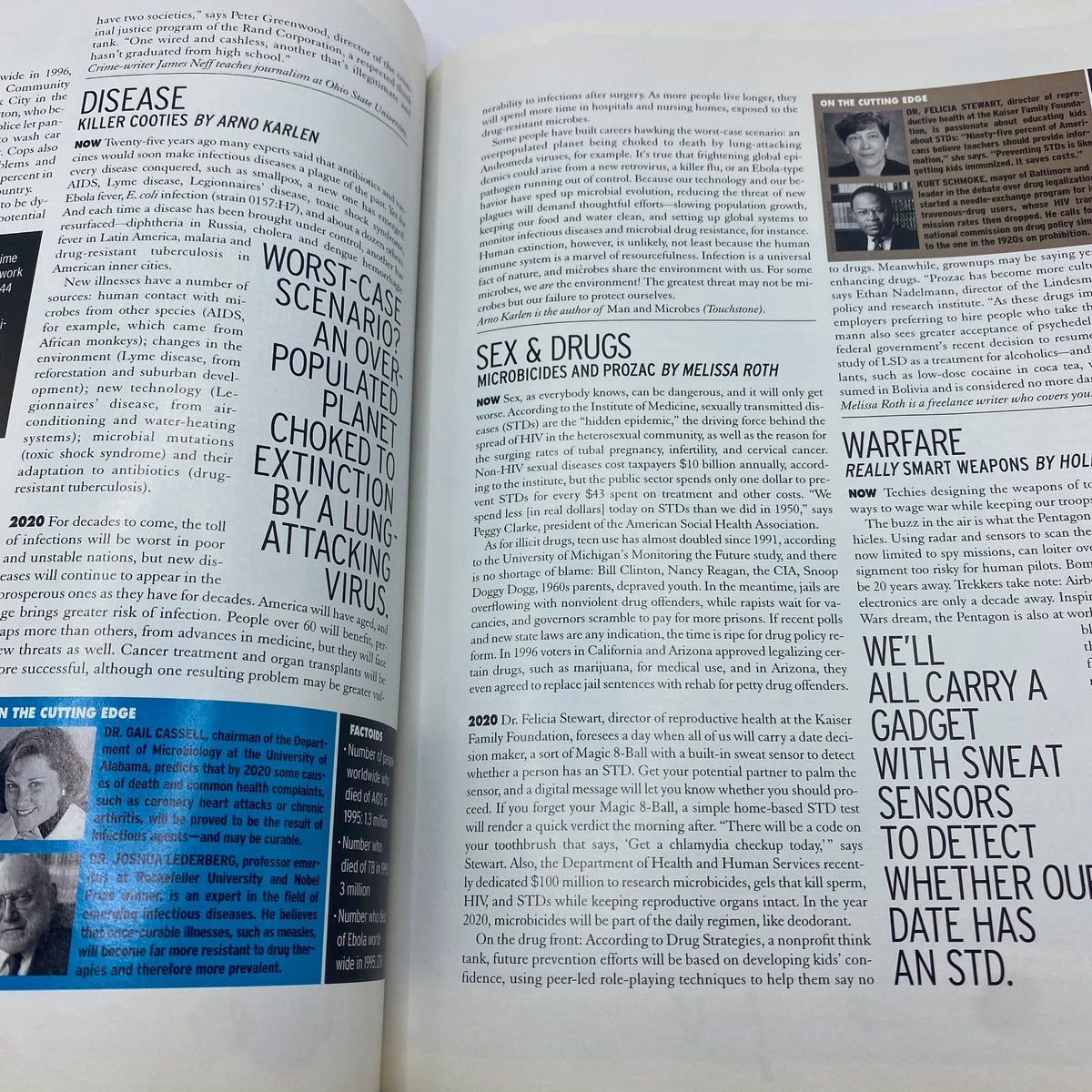 An article layout from George Magazine February 1997 discussing diseases, microbicides, and health-related predictions for 2020 and beyond, featuring visual highlights.