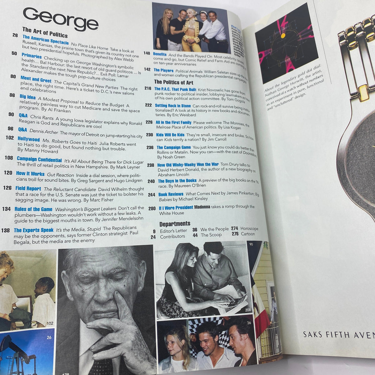 Inside spread of George Magazine featuring the table of contents, showcasing articles including politics and celebrity styles from the October - November 1995 issue with Cindy Crawford on the cover.