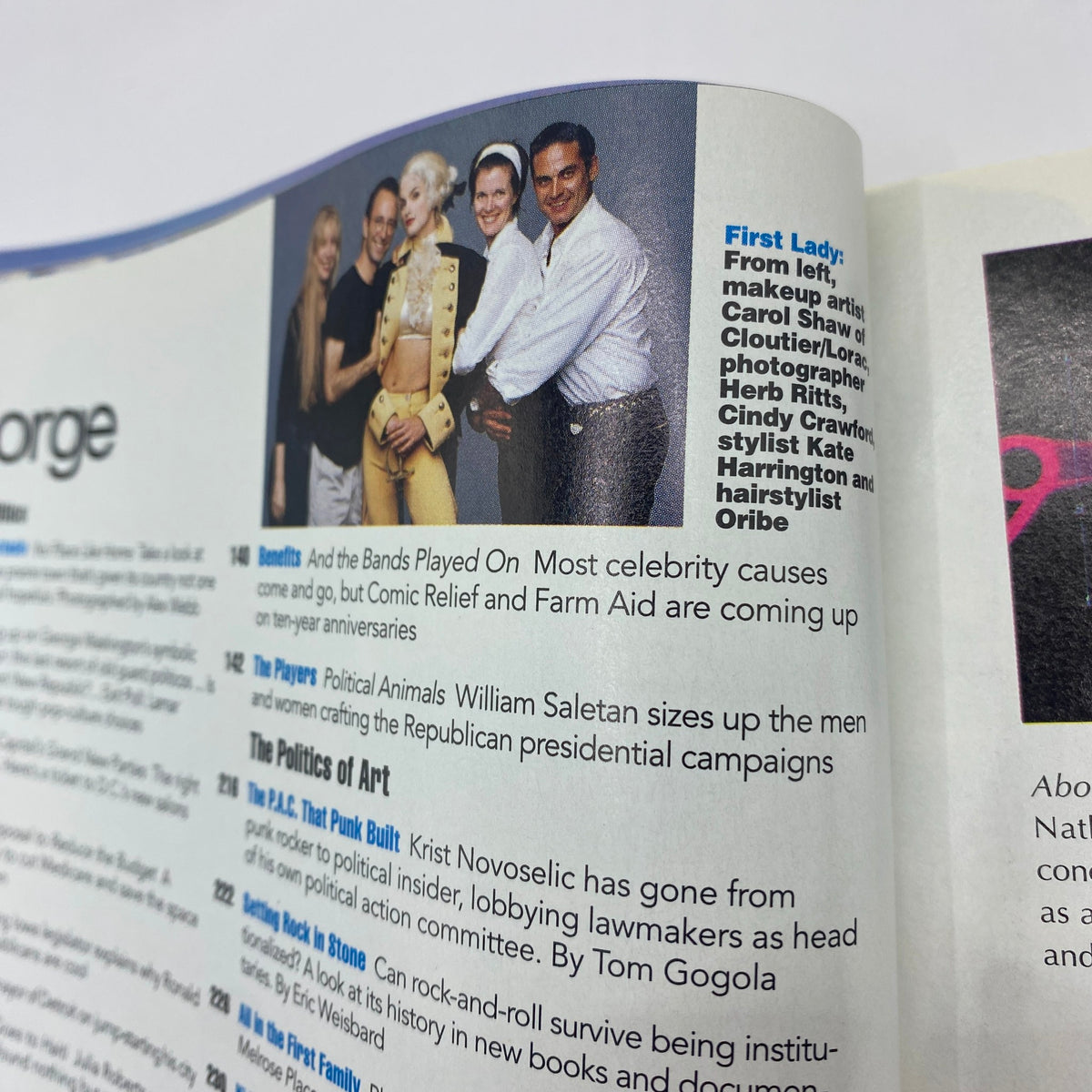 Feature article section from George Magazine October - November 1995 with Cindy Crawford, highlighting behind-the-scenes images of the fashion and celebrity contributions.