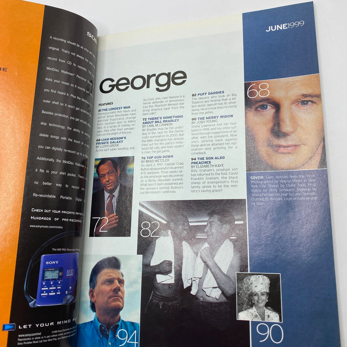 Interior page of George Magazine from June 1999 showcasing features including Liam Neeson's profile and articles on Bill Bradley, Puff Daddies, and celebrity appearances.