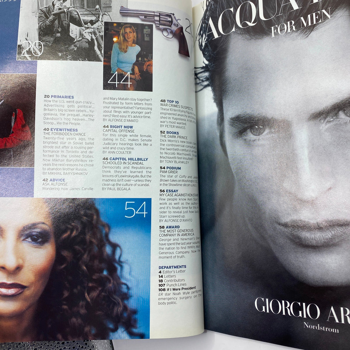 Another interior page from George Magazine June 1999 displaying various articles including political commentary and features on celebrities, alongside the magazine's unique layout.