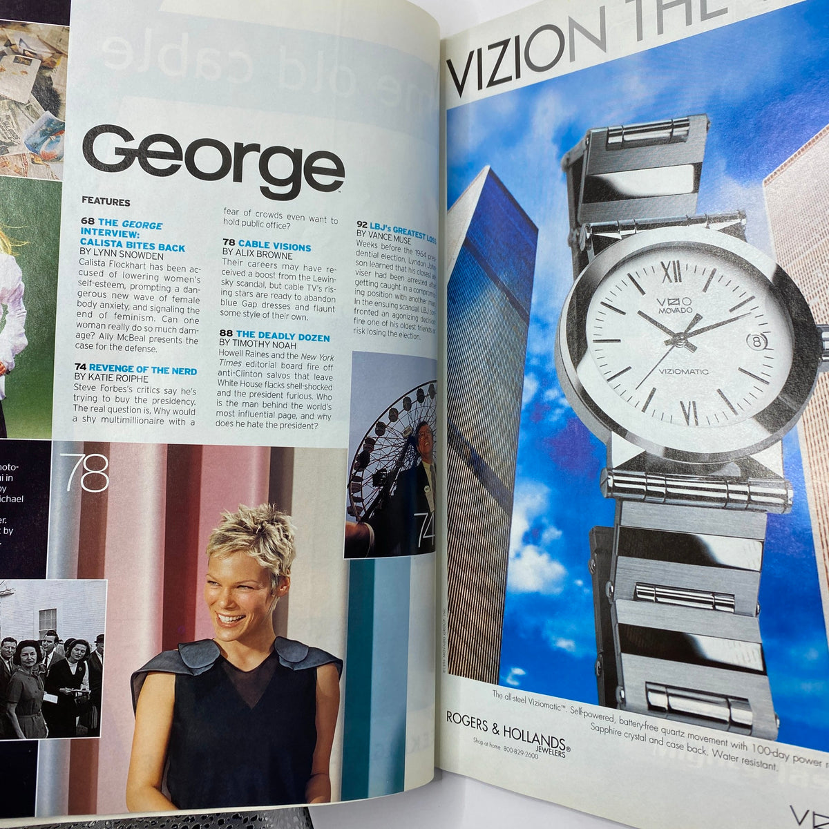 An interior page of George Magazine May 1999, showcasing an article titled 'Calista Bites Back' featuring Calista Flockhart. It discusses her impact on women's issues in media.