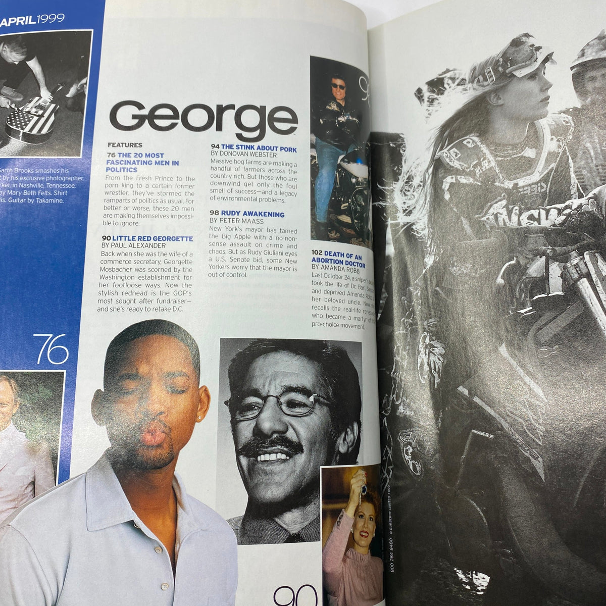 Interior page of George Magazine April 1999 featuring articles on influential political and cultural figures, including highlights like Will Smith and Gerald Rivera, showcasing the magazine's blend of politics and entertainment.