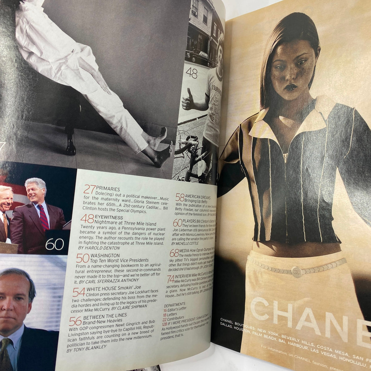 Another inside page from George Magazine March 1999, focusing on political commentary and cultural insights, accompanied by stylish photography.